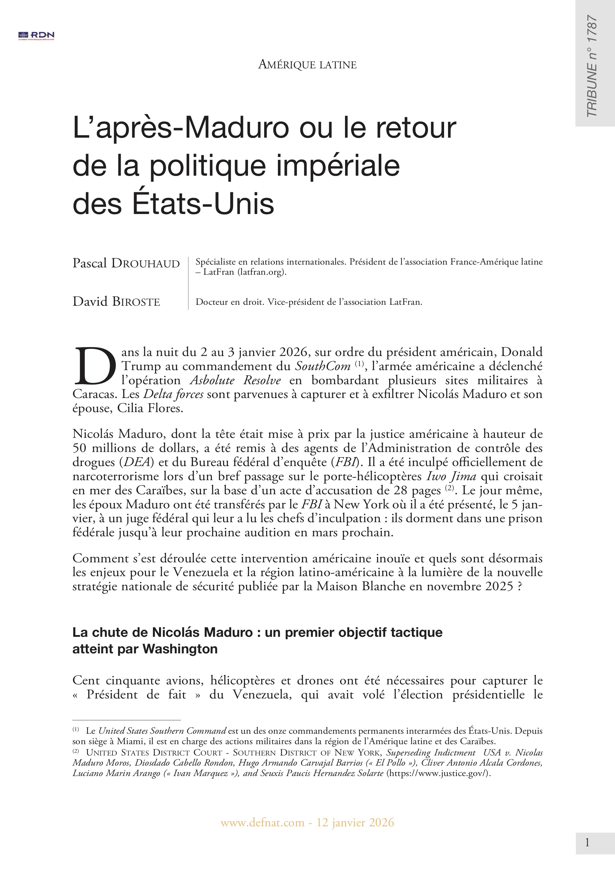 Am&eacute;rique latine &ndash; L&rsquo;apr&egrave;s-Maduro ou&nbsp;le&nbsp;retour de&nbsp;la&nbsp;politique imp&eacute;riale des&nbsp;&Eacute;tats-Unis (T&nbsp;1787)

